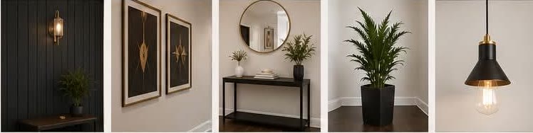 Accent wall, black and gold art, greenery, and warm lighting ideas