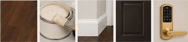 Warm walnut flooring, white wall and trim, espresso door, and gold keypad lock finish samples